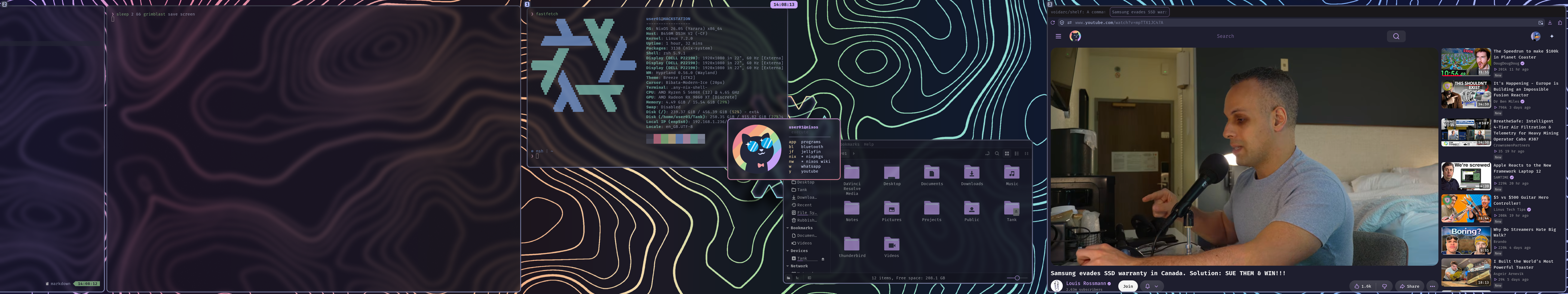 Picture of desktop with fastfetch, nemo, and otter-launcher