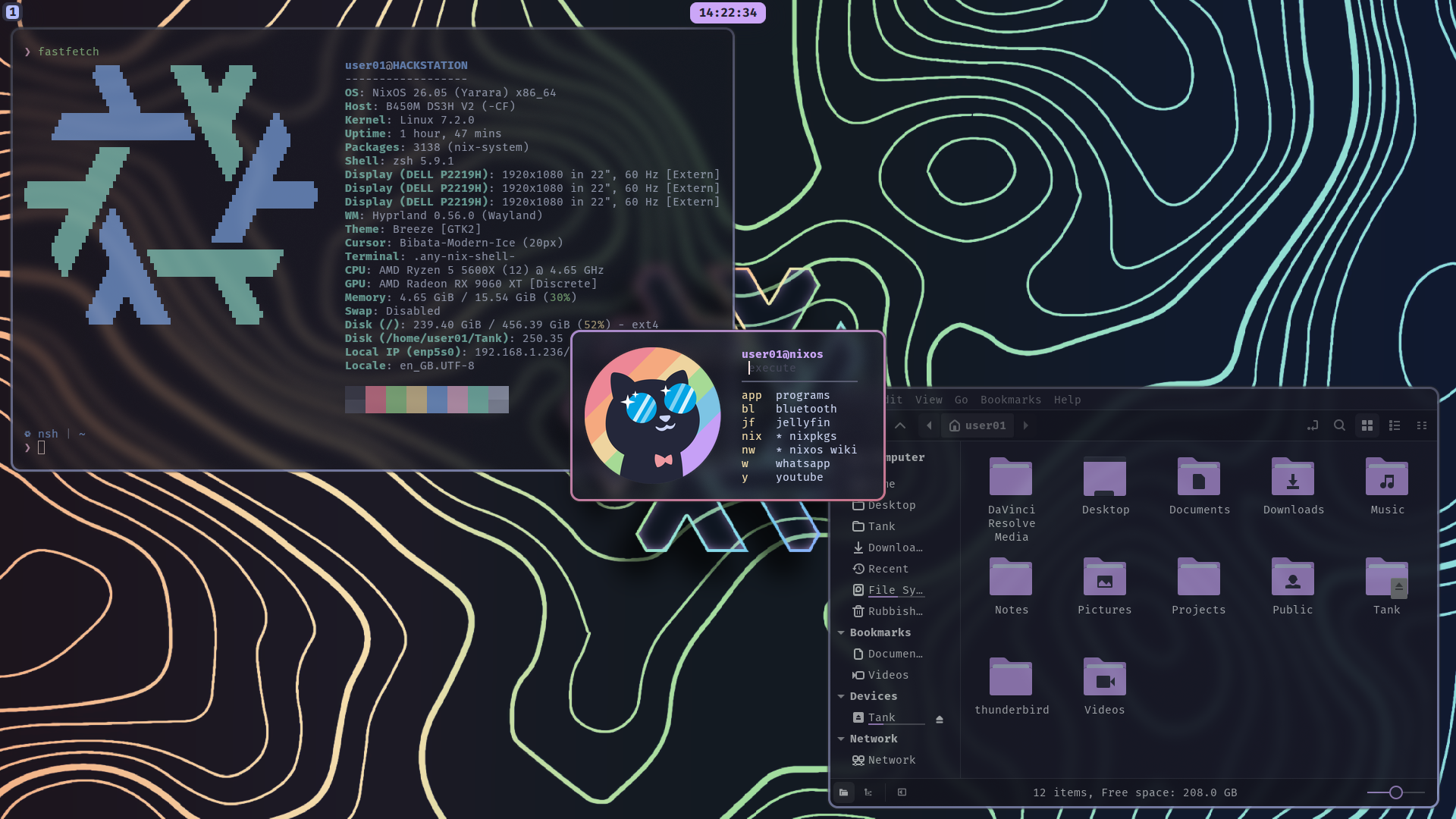 Picture of desktop with fastfetch, nemo, and otter-launcher